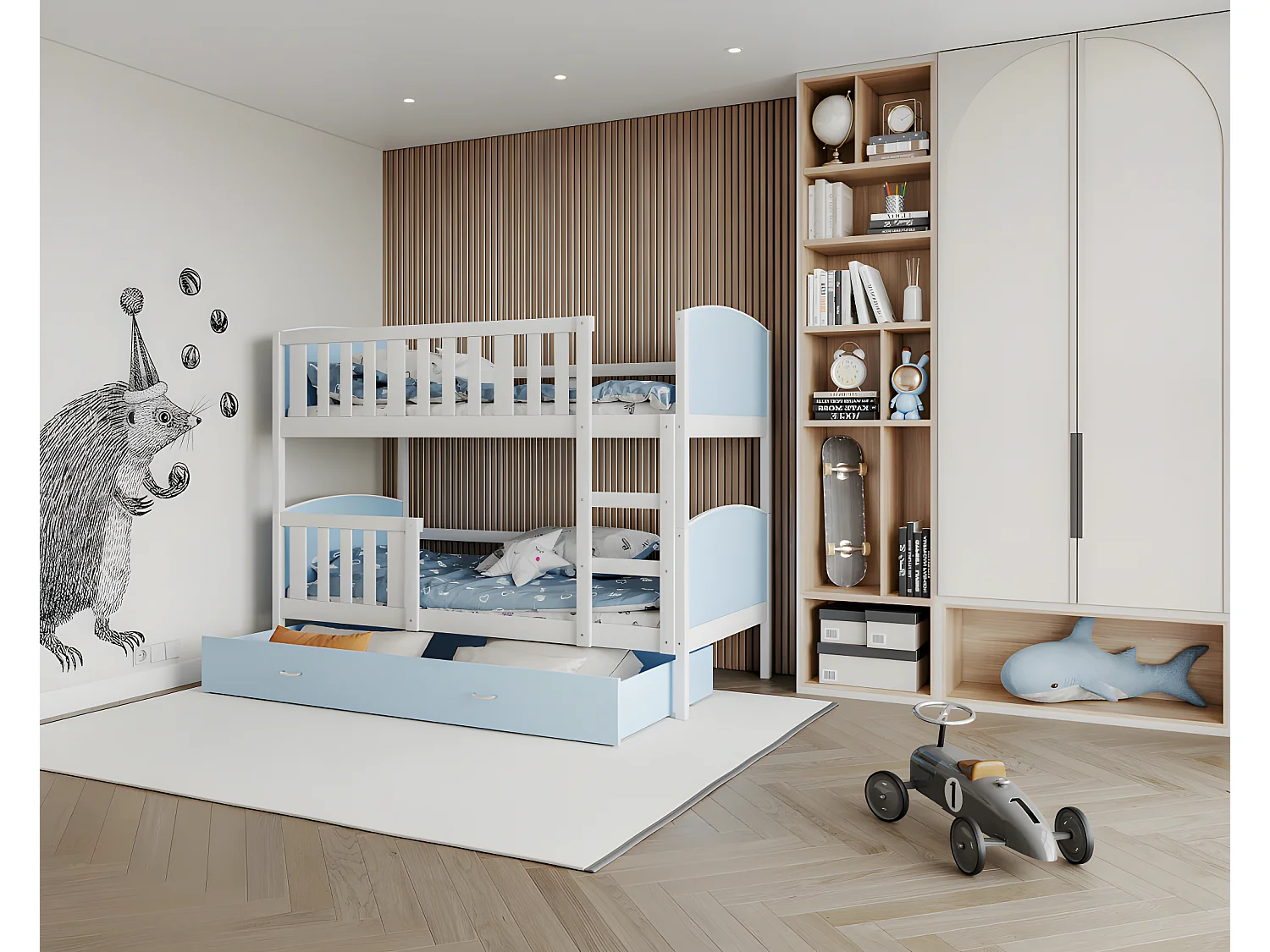 Lit Superposé Tami 90x190  (Sans Matelas) Blanc - bleu Livré avec le sommiers et tiroir.