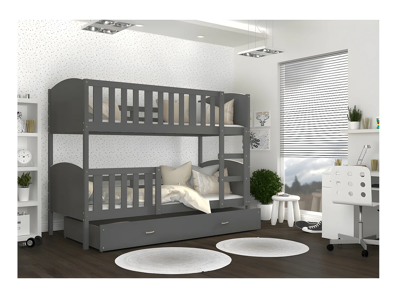 Lit Superposé Tami 90x190  (Sans Matelas) Gris - gris Livré avec le sommiers et tiroir.