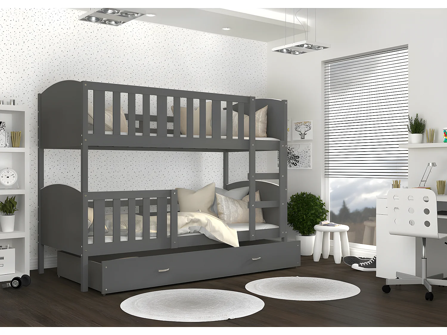 Lit Superposé Tami 90x190  (Sans Matelas) Gris - gris Livré avec le sommiers et tiroir.