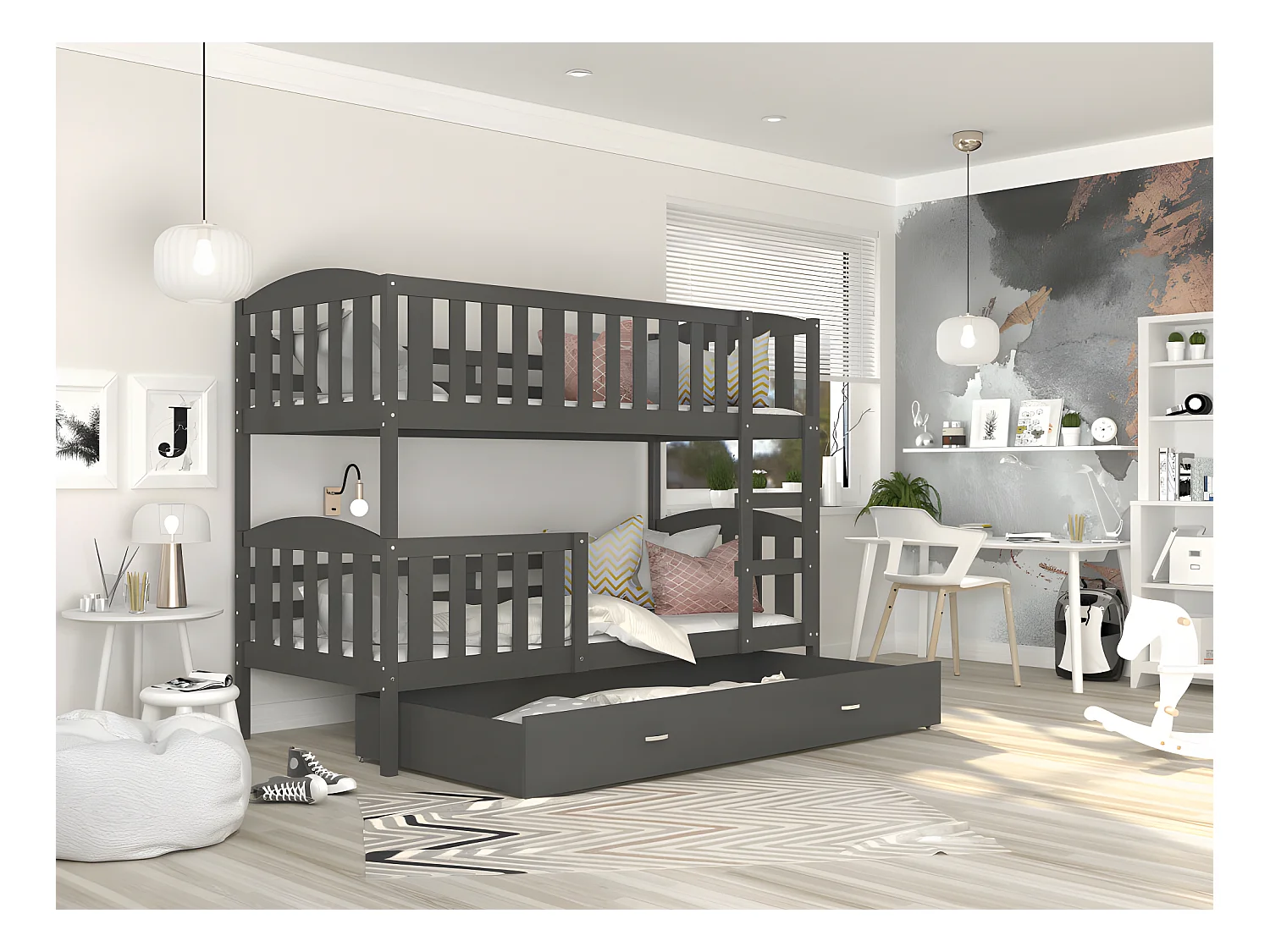 Lit Superposé Cleo 90x190  (Sans Matelas) Gris - gris Livré avec le sommiers et tiroir.