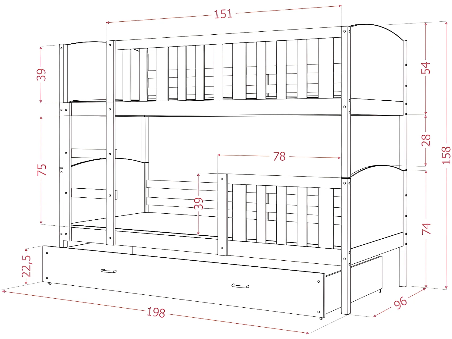 Lit Superposé Tami 90x190  (Sans Matelas) Blanc - gris Livré avec le sommiers et tiroir.