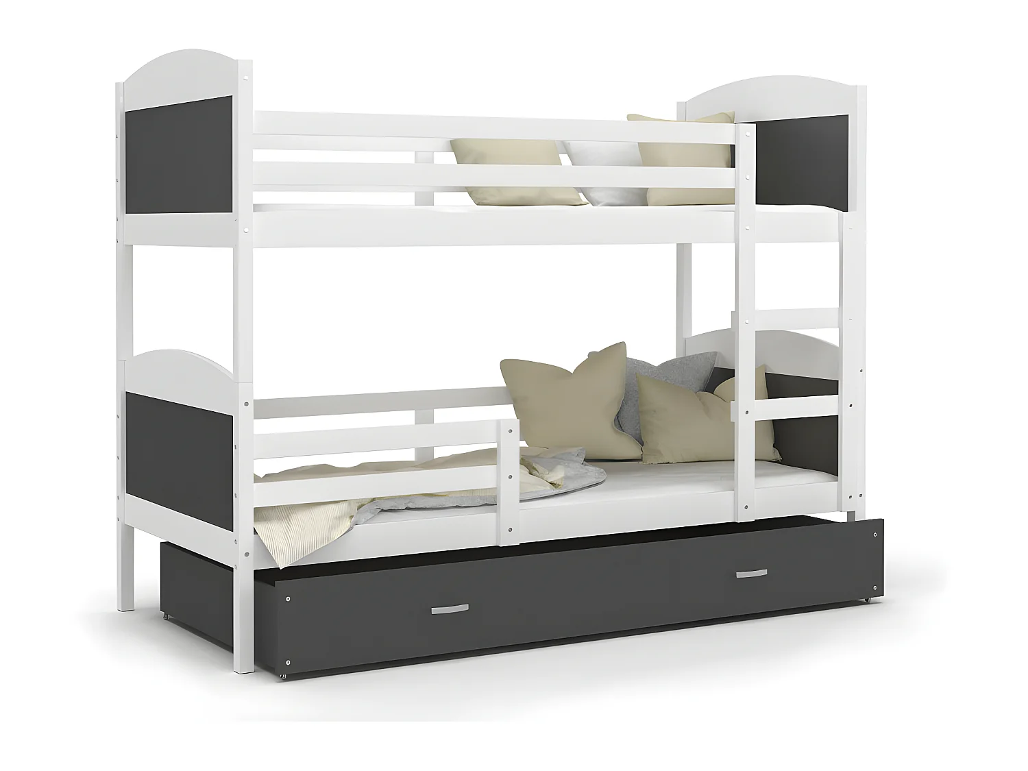 Lit Superposé Matis 90x190 (Sans Matelas) Blanc - gris Livré avec le sommiers et tiroir.