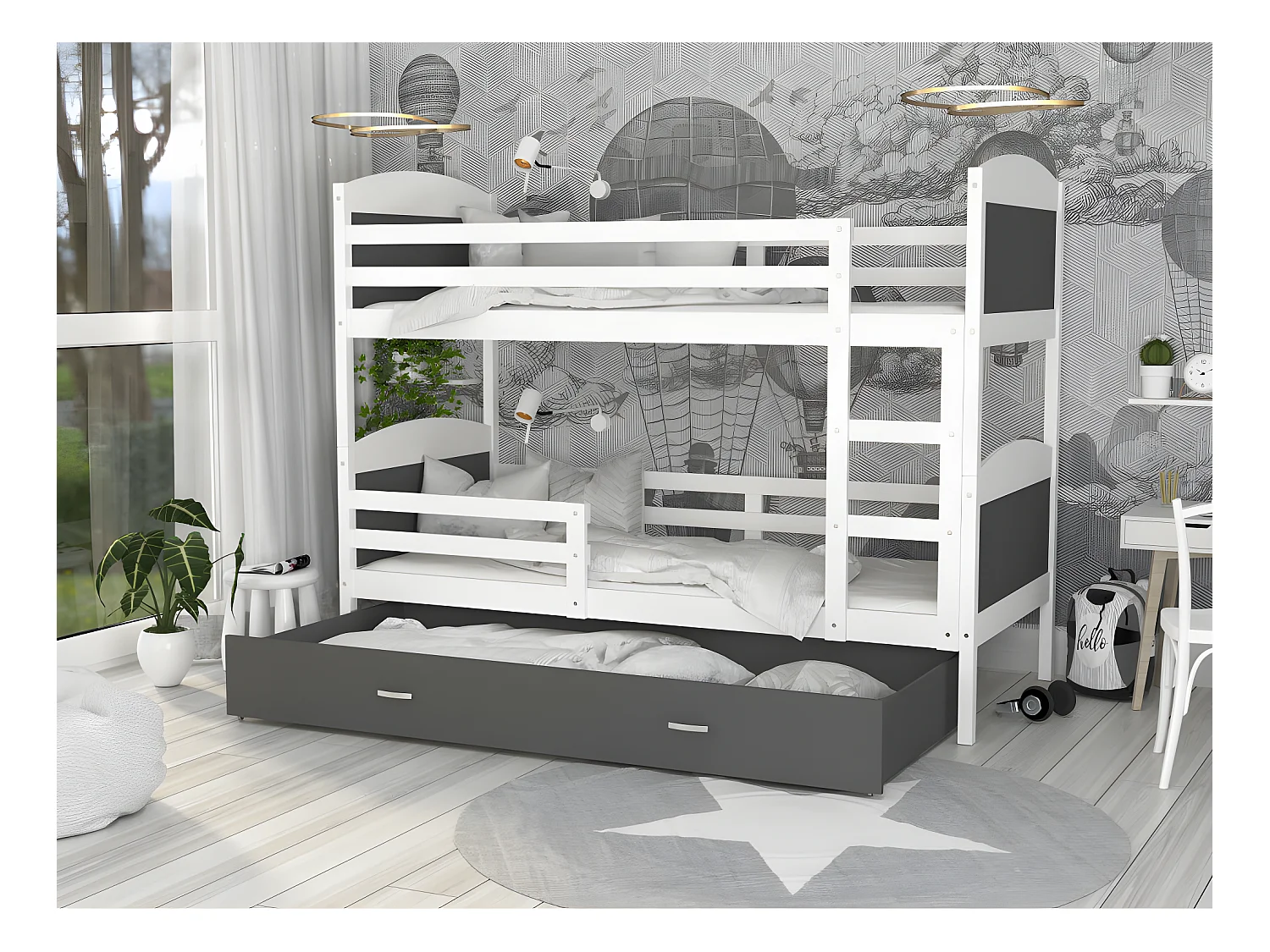 Lit Superposé Matis 90x190 (Sans Matelas) Blanc - gris Livré avec le sommiers et tiroir.