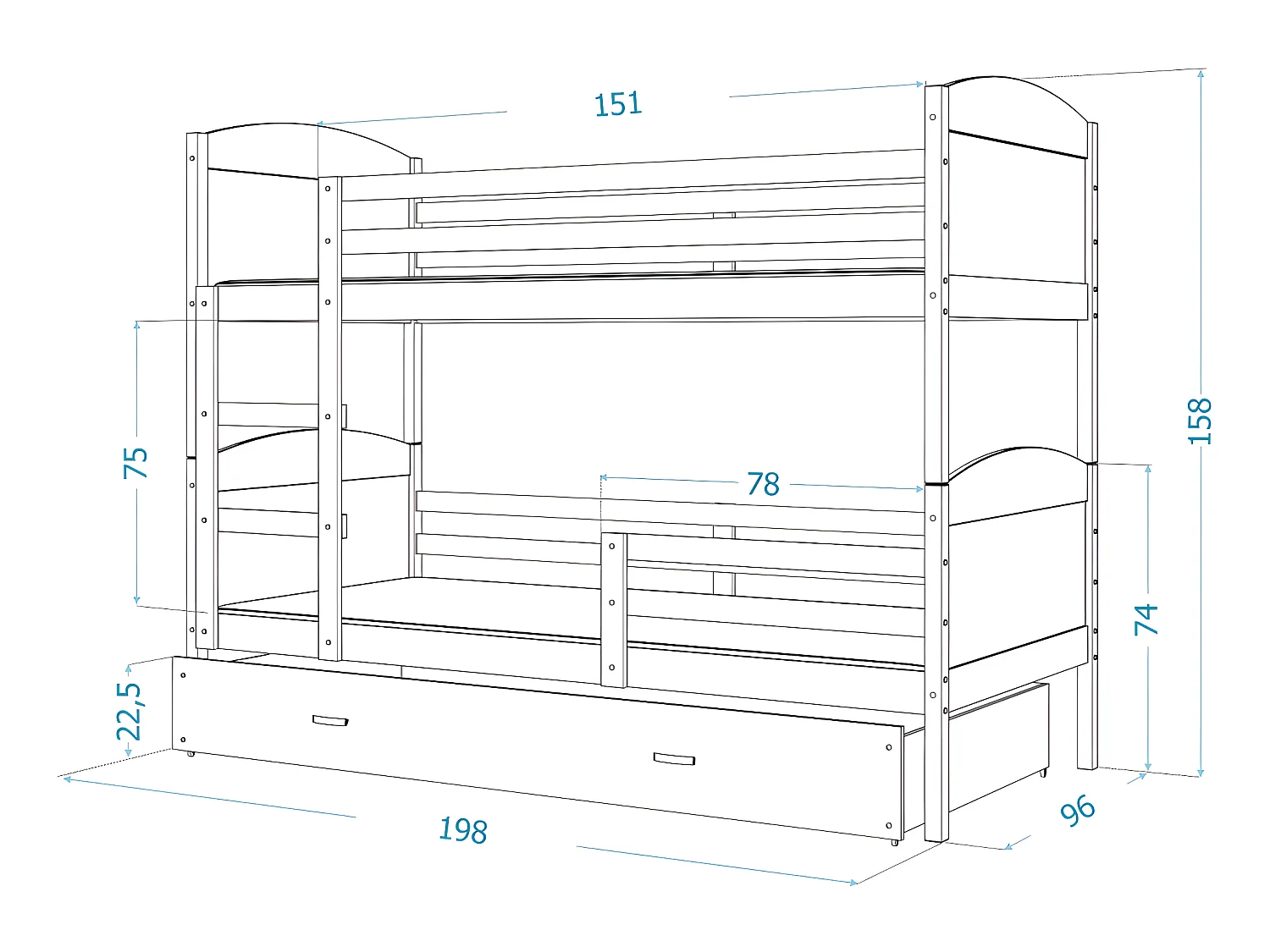 Lit Superposé Matis 90x190 (Sans Matelas) Blanc - gris Livré avec le sommiers et tiroir.