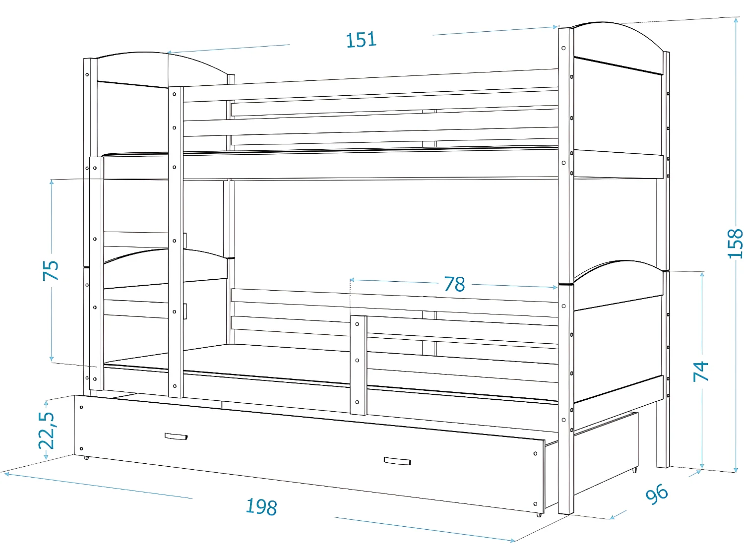 Lit Superposé Matis 90x190 (Sans Matelas) Blanc - gris Livré avec le sommiers et tiroir.