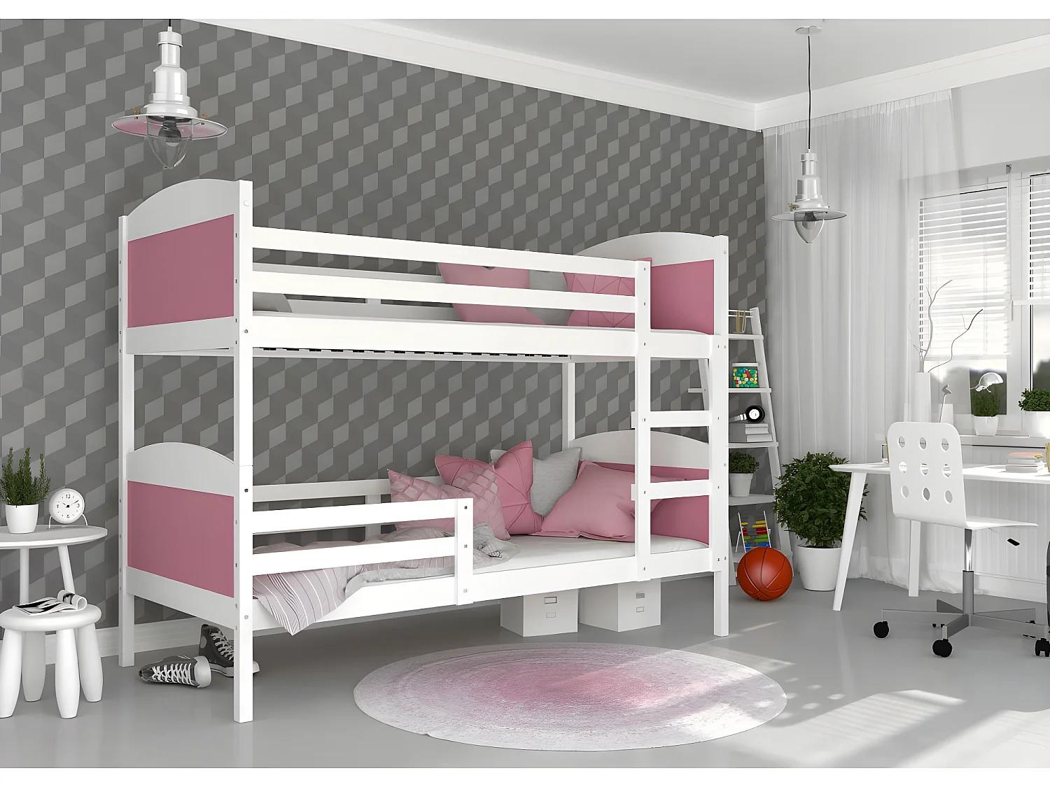 Lit Superposé Mati 90x190 Blanc - rose Livré avec sommiers