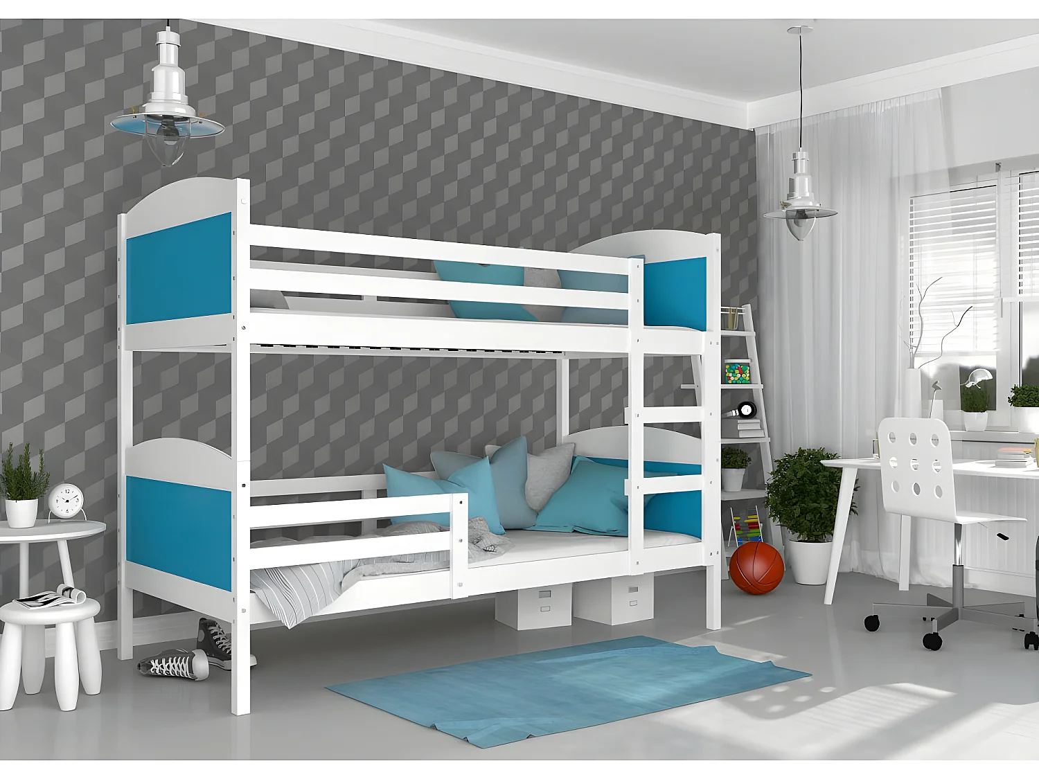 Lit Superposé Mati 90x190 Blanc - bleu Livré avec sommiers