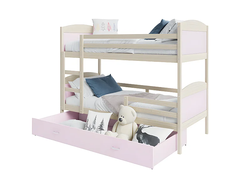 Lit Superposé Mateo 90x190 Pin - rose Livré avec sommiers, tiroir et matelas en mousse de 7cm