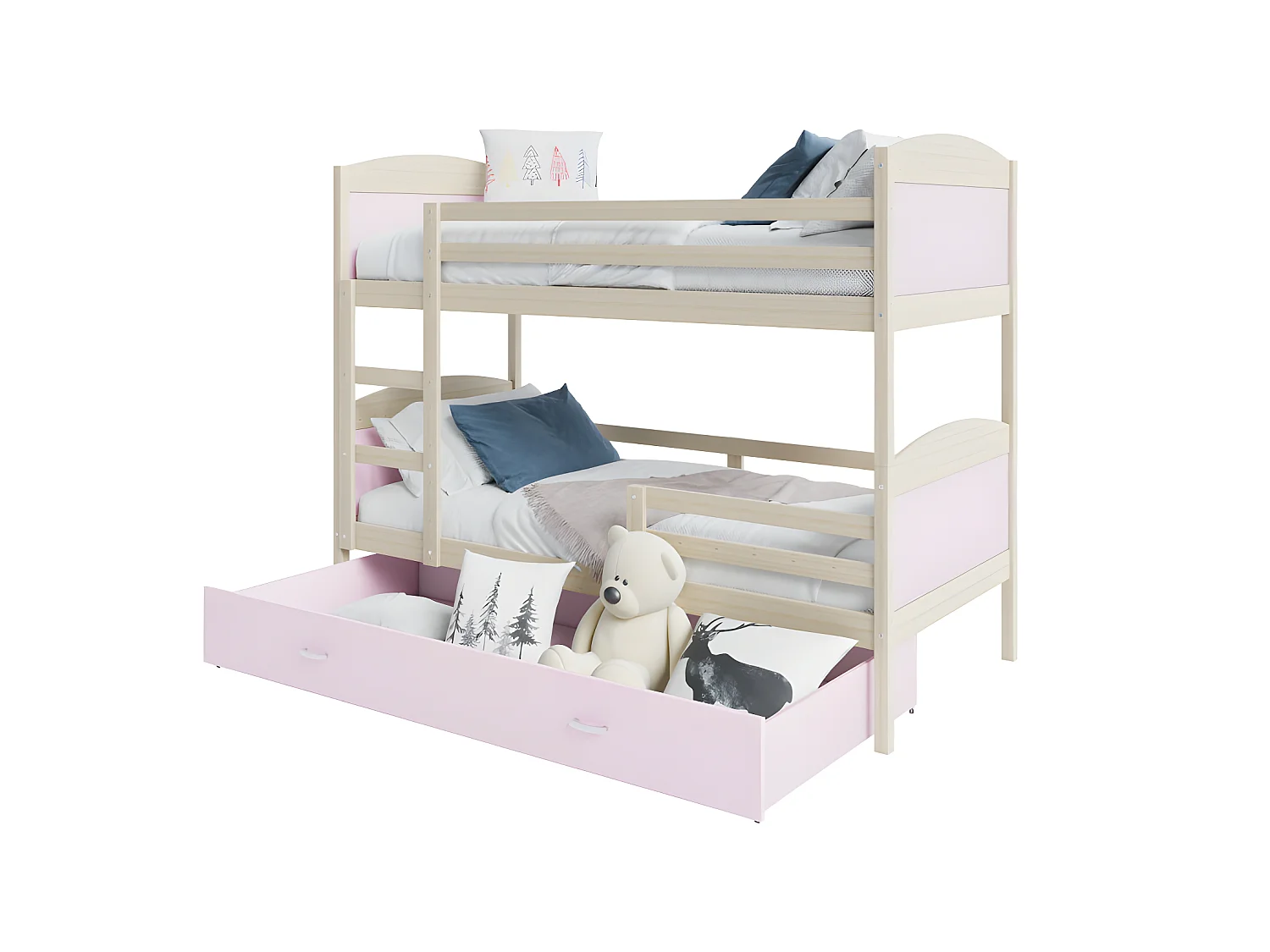 Lit Superposé Mateo 90x190 Pin - rose Livré avec sommiers, tiroir et matelas en mousse de 7cm