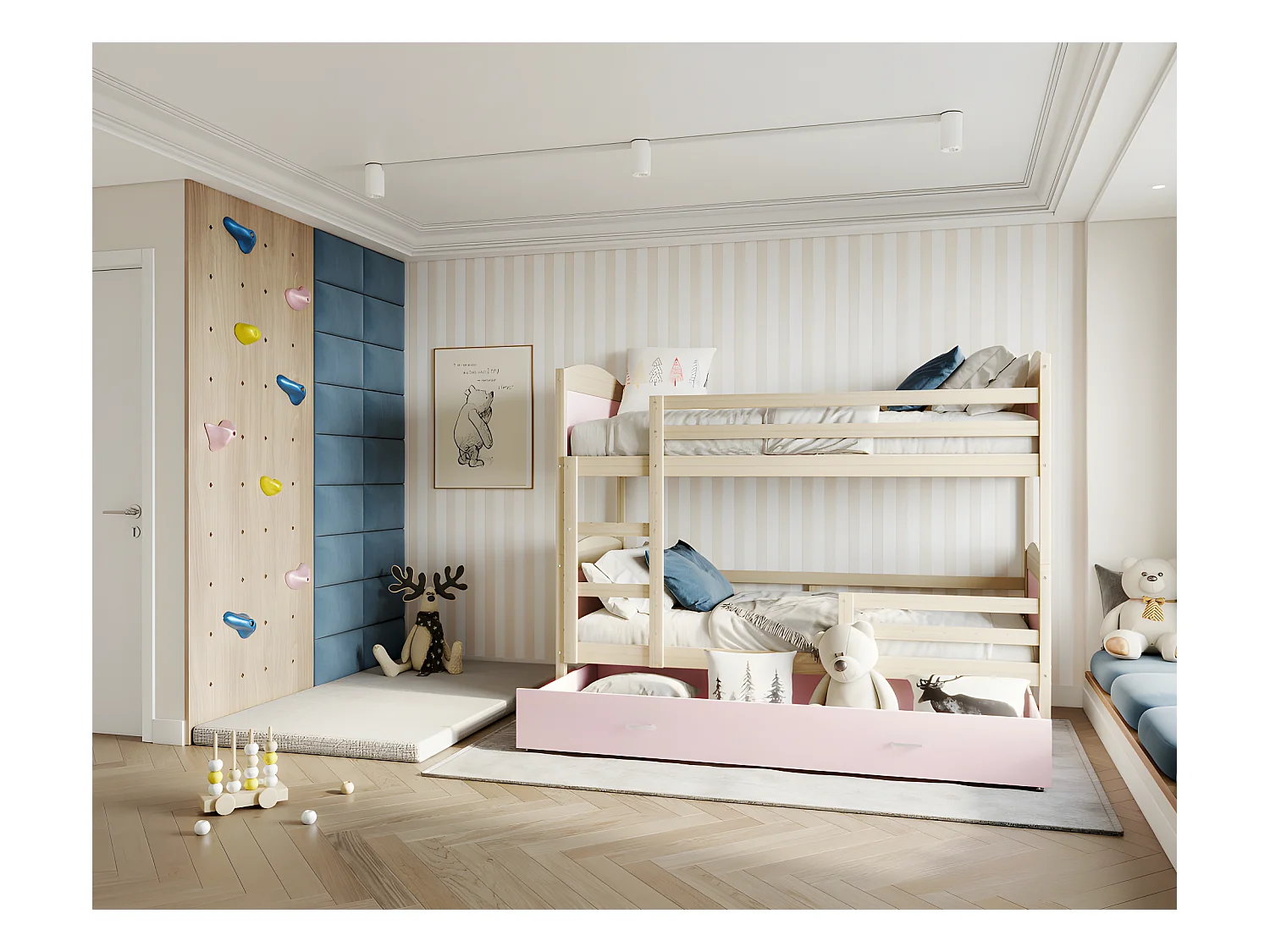 Lit Superposé Mateo 90x190 Pin - rose Livré avec sommiers, tiroir et matelas en mousse de 7cm