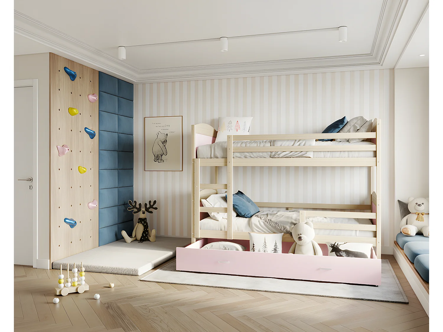 Lit Superposé Mateo 90x190 Pin - rose Livré avec sommiers, tiroir et matelas en mousse de 7cm