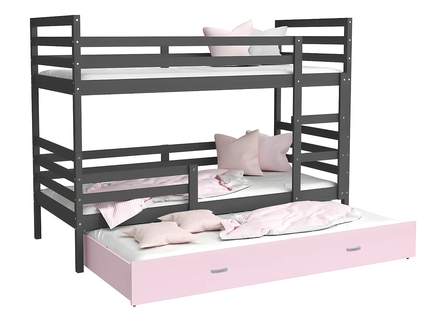 Lit Superposé 3 Places Milo 90x190 Gris - rose Livré avec sommiers, tiroir et matelas en mousse de 7cm