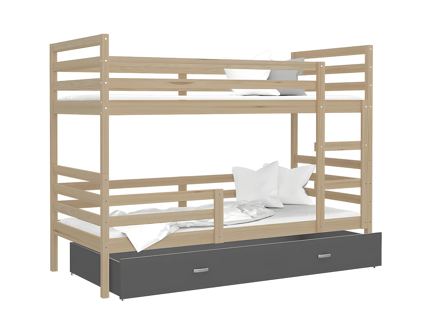 Lit Superposé Milo 90x190 Pin - gris Livré avec sommiers, tiroir et matelas en mousse de 7cm
