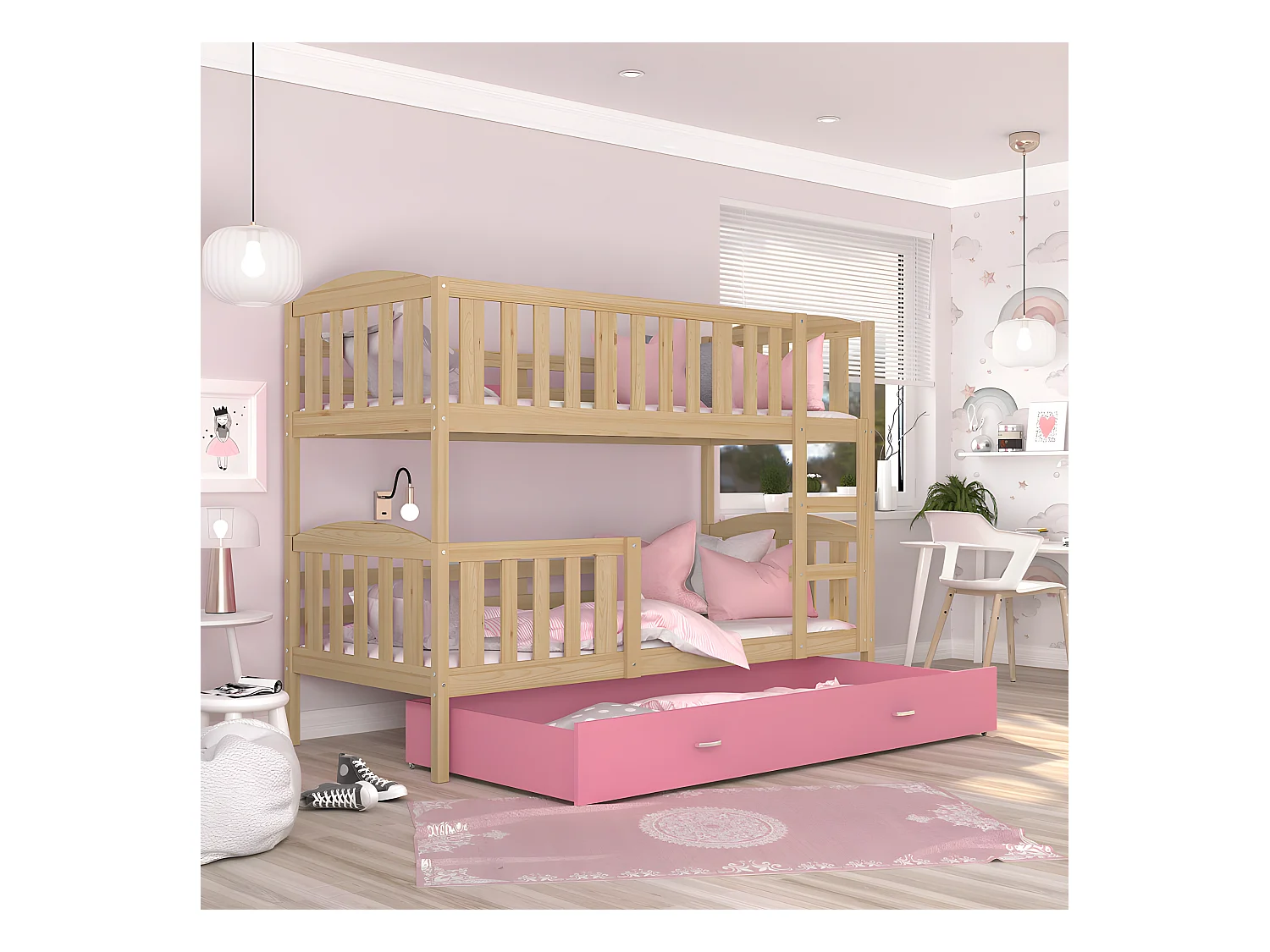 Lit Superposé Teo 90x190 Pin - rose Livré avec sommiers, tiroir et matelas en mousse de 7cm