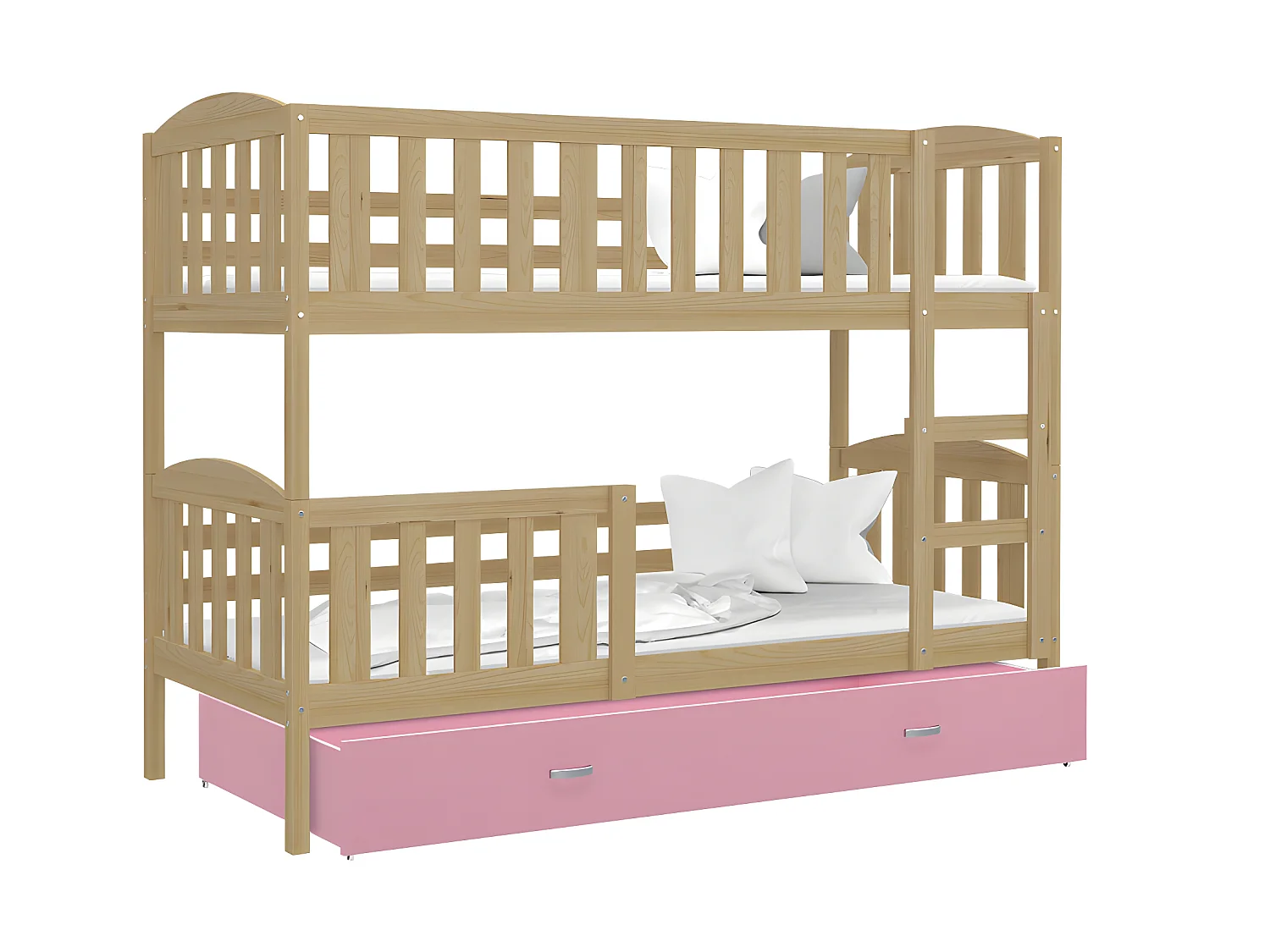 Lit Superposé Teo 90x190 Pin - rose Livré avec sommiers, tiroir et matelas en mousse de 7cm