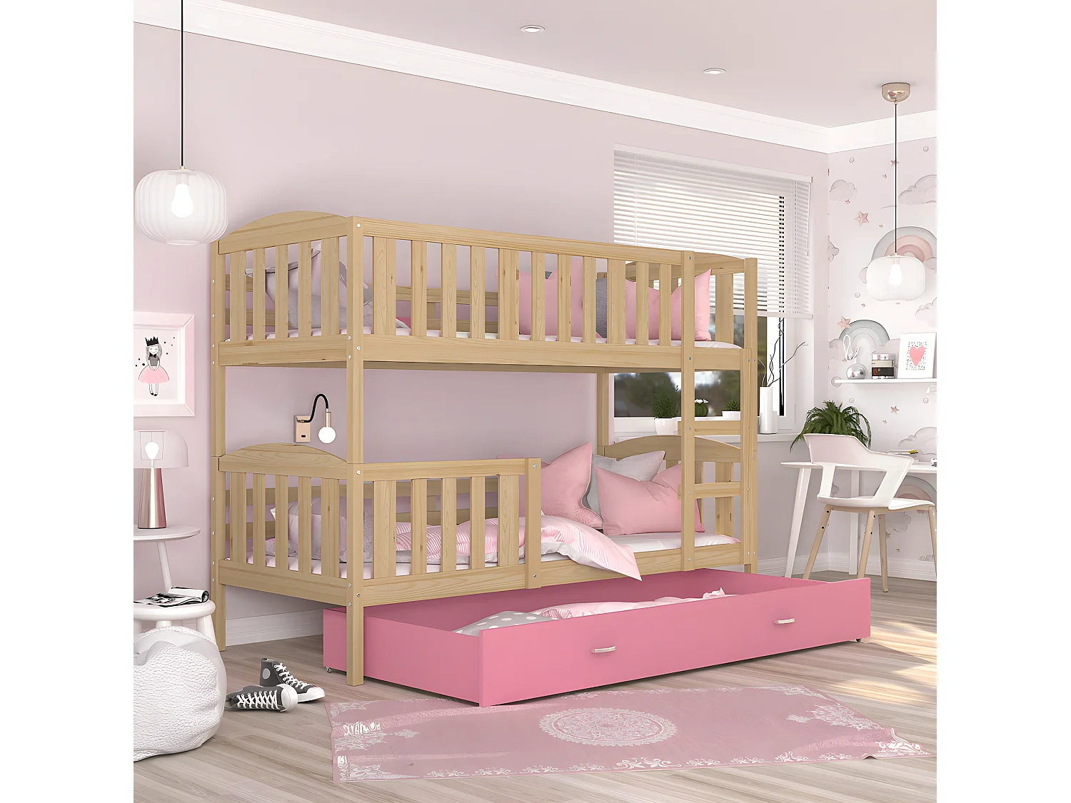 Lit Superposé Teo 90x190 Pin - rose Livré avec sommiers, tiroir et matelas en mousse de 7cm
