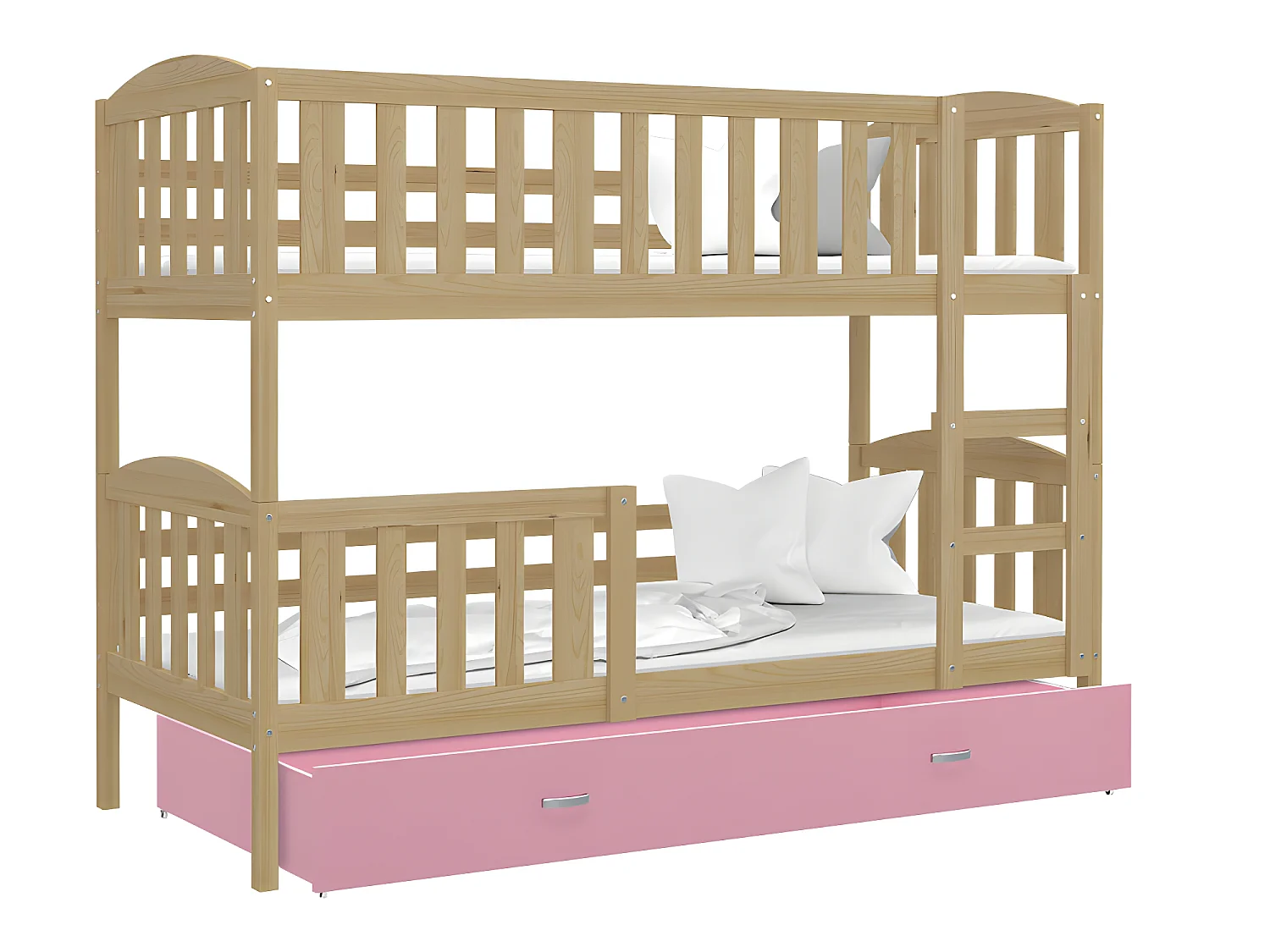 Lit Superposé Teo 90x190 Pin - rose Livré avec sommiers, tiroir et matelas en mousse de 7cm