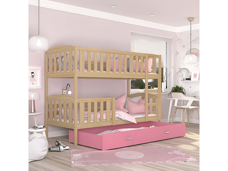 Lit Superposé Teo 90x190 Pin - rose Livré avec sommiers, tiroir et matelas en mousse de 7cm