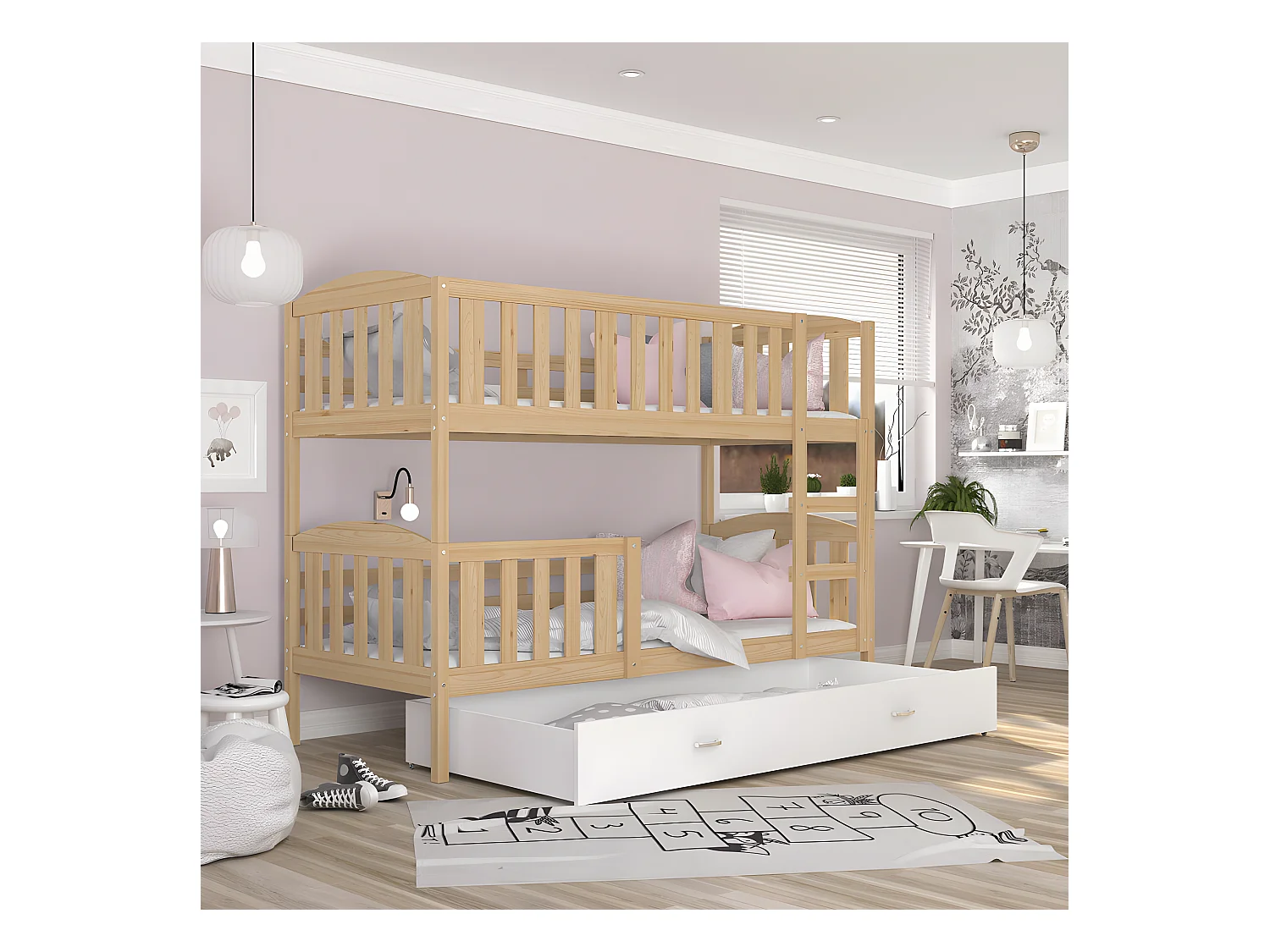 Lit Superposé Teo 90x190 Pin - blanc Livré avec sommiers, tiroir et matelas en mousse de 7cm