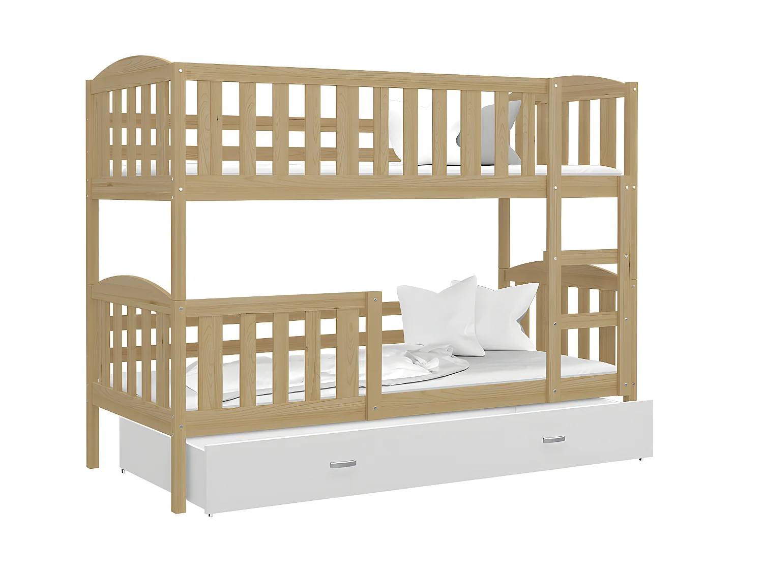 Lit Superposé Teo 90x190 Pin - blanc Livré avec sommiers, tiroir et matelas en mousse de 7cm