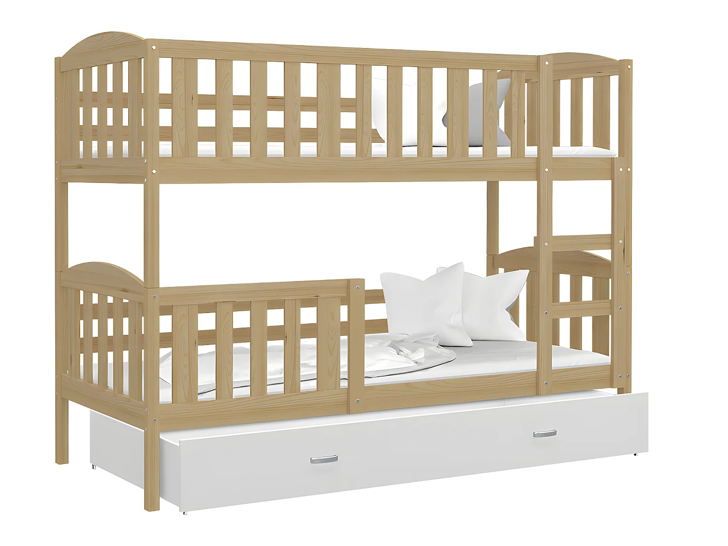 Lit Superposé Teo 90x190 Pin - blanc Livré avec sommiers, tiroir et matelas en mousse de 7cm