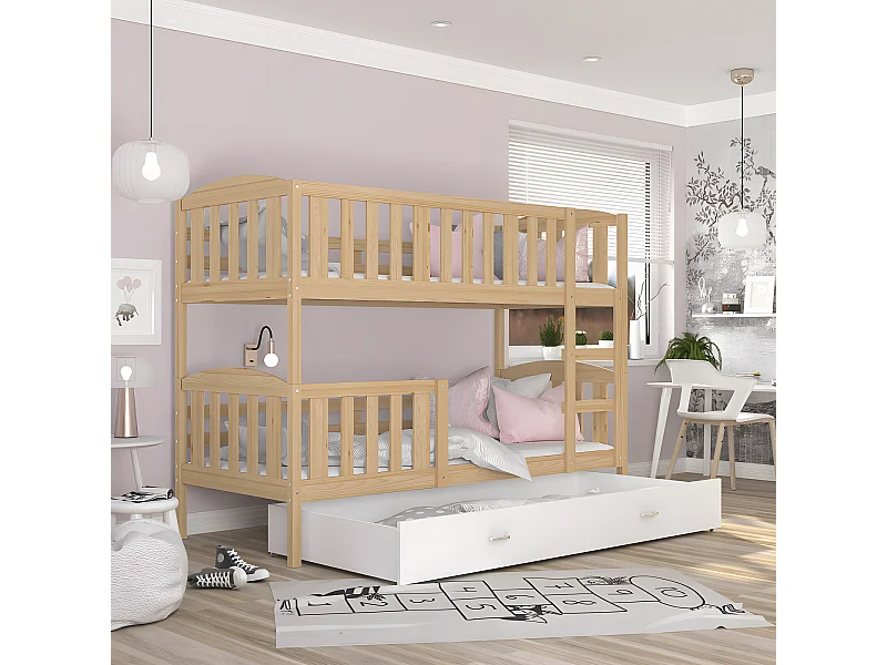 Lit Superposé Teo 90x190 Pin - blanc Livré avec sommiers, tiroir et matelas en mousse de 7cm