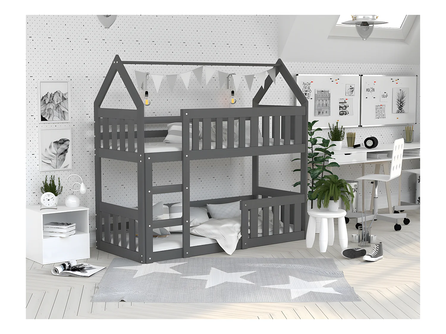 Lit Superposé Cabane Mini 90x190 Gris - gris Livré avec sommiers