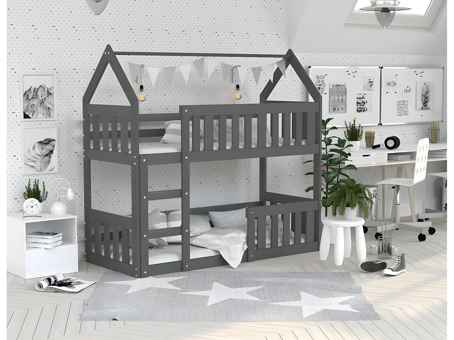 Lit Superposé Cabane Mini 90x190 Gris - gris Livré avec sommiers