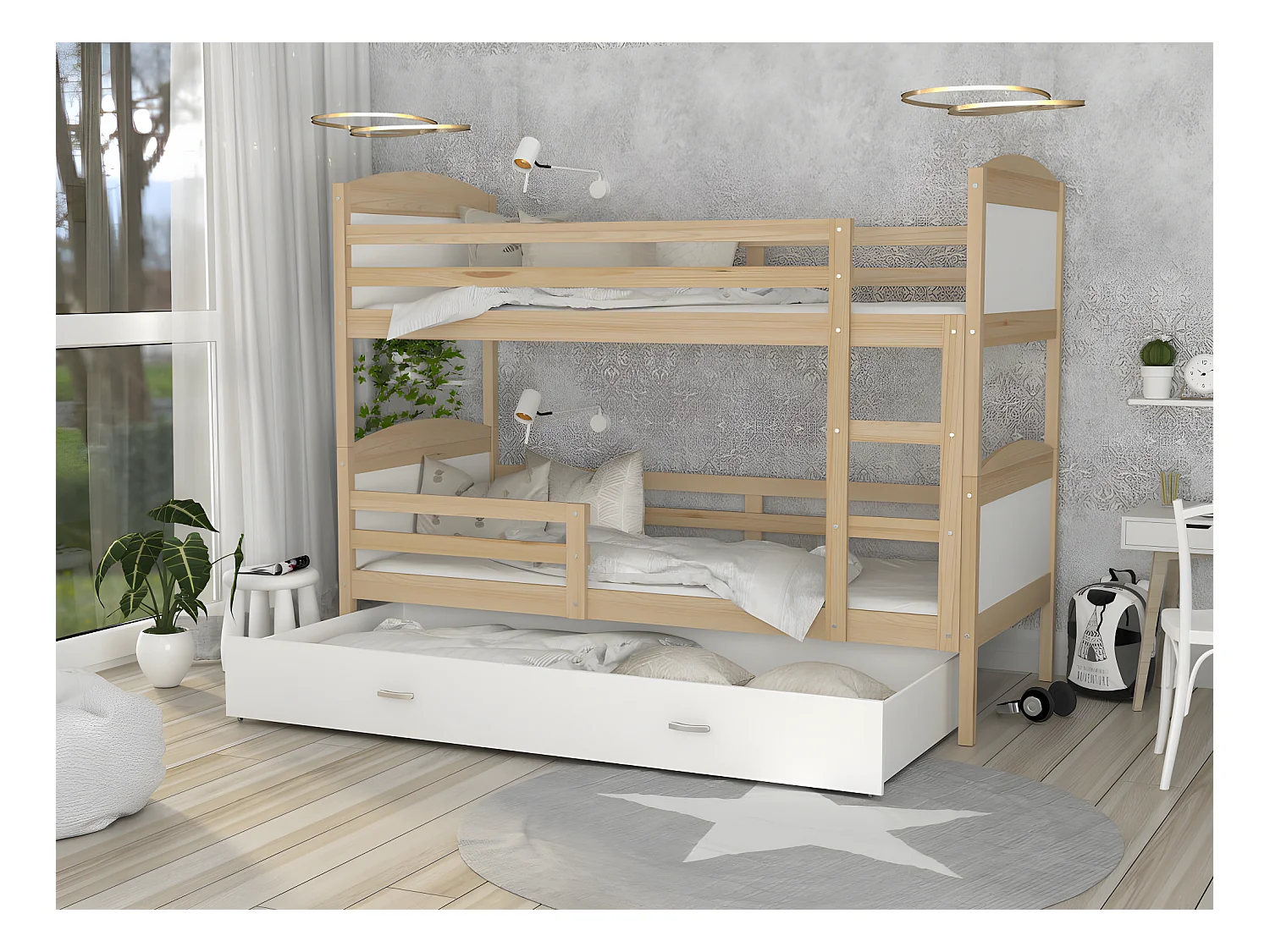 Lit Superposé Mateo 90x190 Pin - blanc Livré avec sommiers, tiroir et matelas en mousse de 7cm