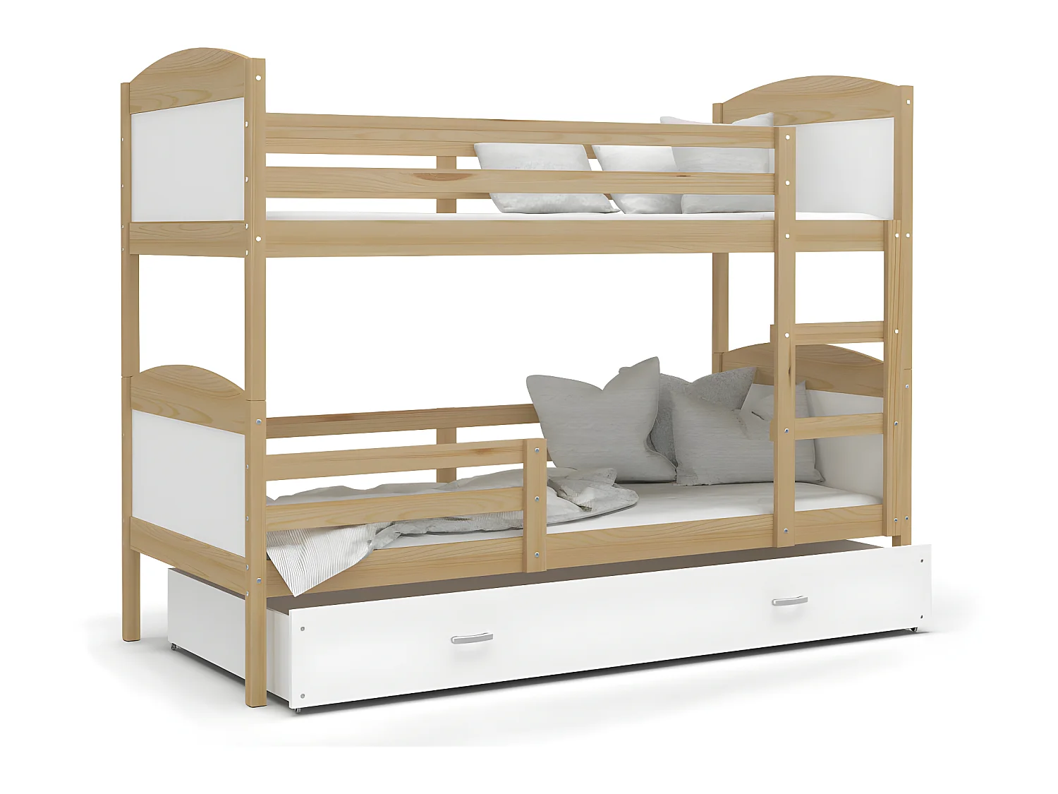 Lit Superposé Mateo 90x190 Pin - blanc Livré avec sommiers, tiroir et matelas en mousse de 7cm