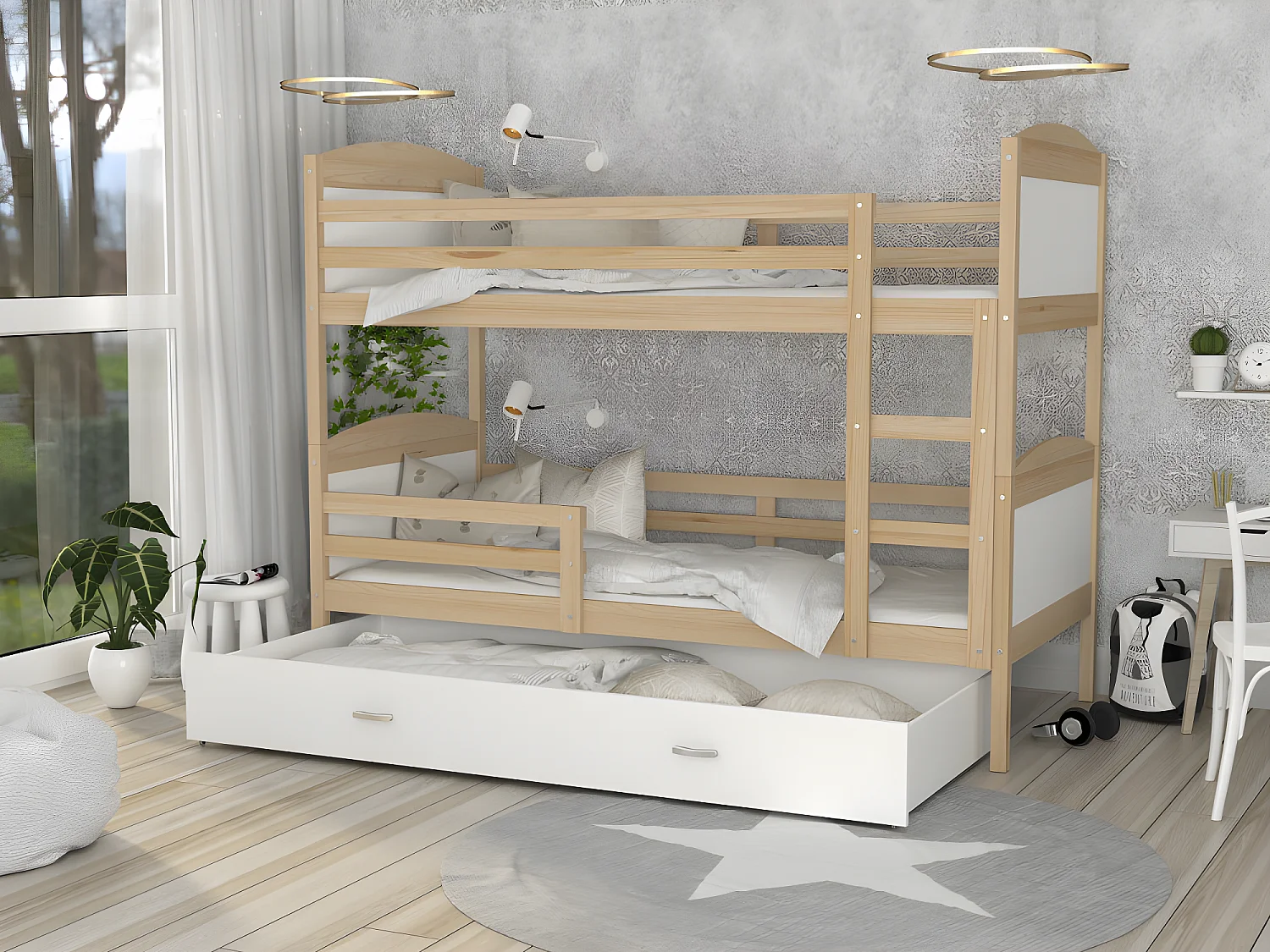 Lit Superposé Mateo 90x190 Pin - blanc Livré avec sommiers, tiroir et matelas en mousse de 7cm