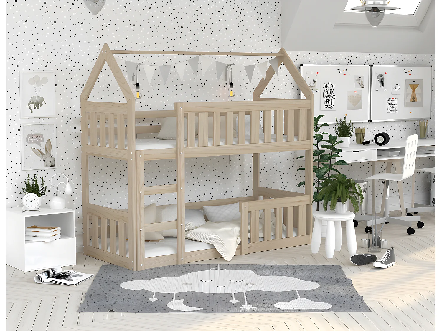 Lit Superposé Cabane Mini 90x190 Pin Livré avec sommiers