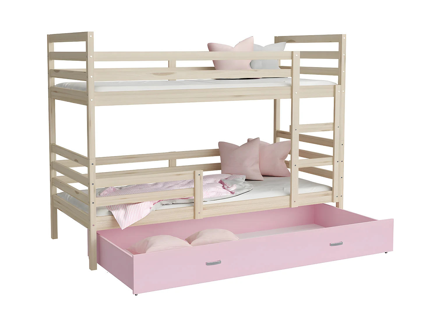 Lit Superposé Milo 90x190 Pin - rose Livré avec sommiers, tiroir et matelas en mousse de 7cm