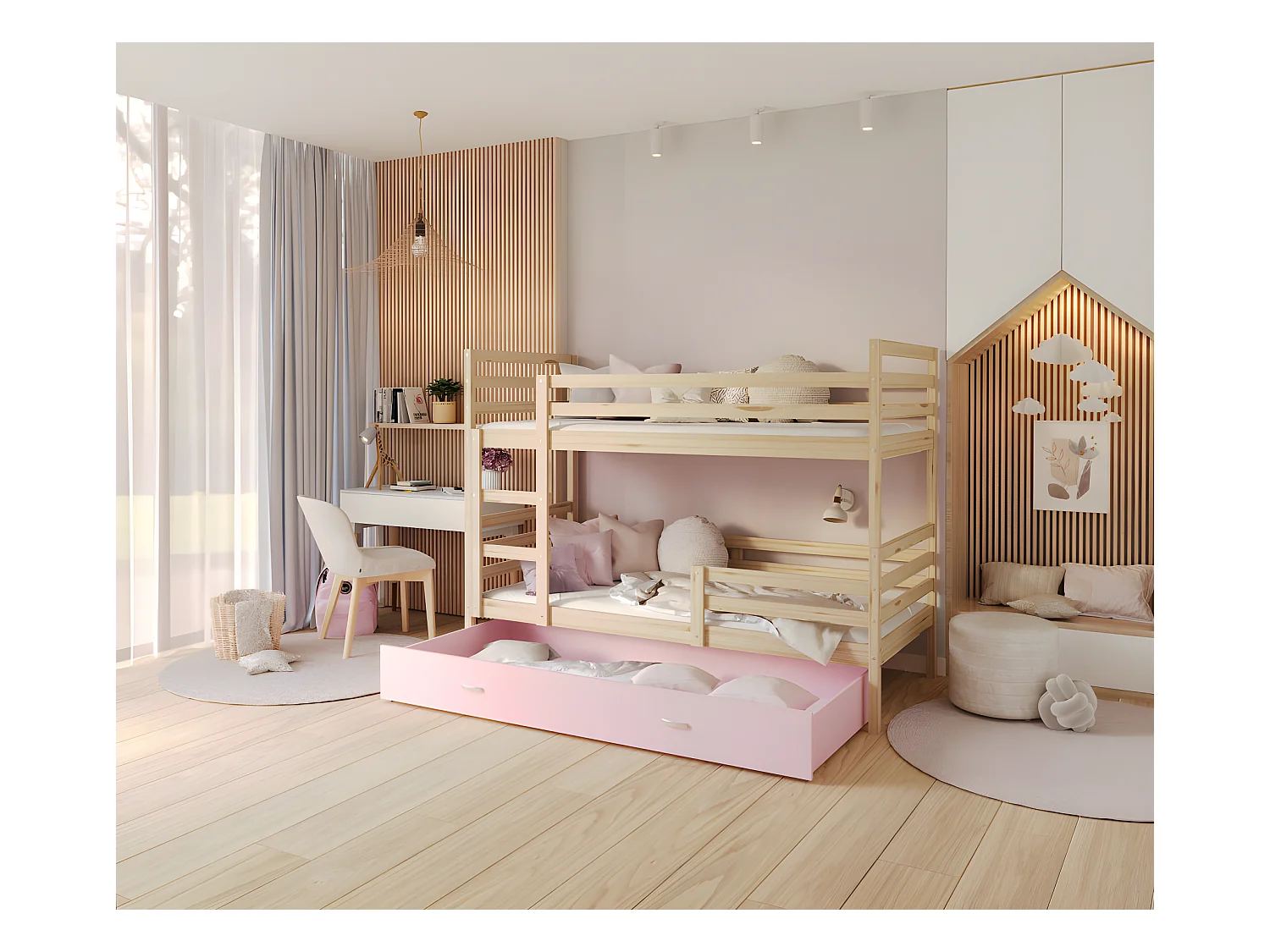 Lit Superposé Milo 90x190 Pin - rose Livré avec sommiers, tiroir et matelas en mousse de 7cm