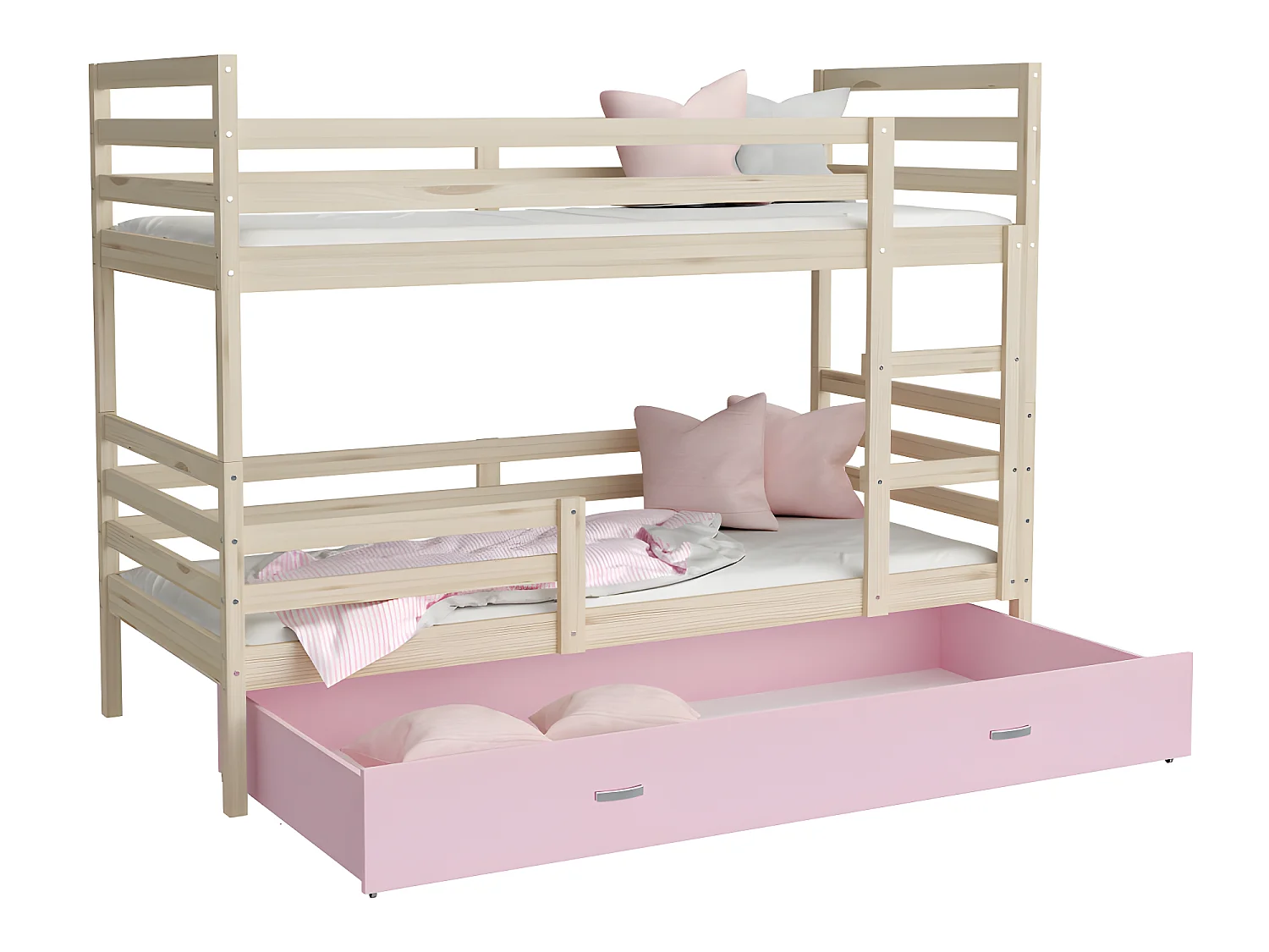 Lit Superposé Milo 90x190 Pin - rose Livré avec sommiers, tiroir et matelas en mousse de 7cm
