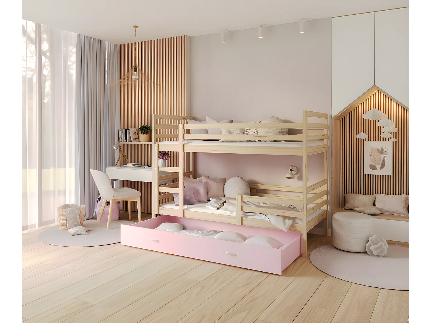 Lit Superposé Milo 90x190 Pin - rose Livré avec sommiers, tiroir et matelas en mousse de 7cm