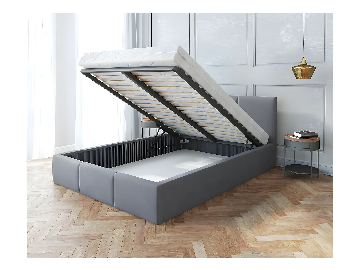 Lit Double Tesia 160x200 + coffre - Sommier inclus Gris foncé