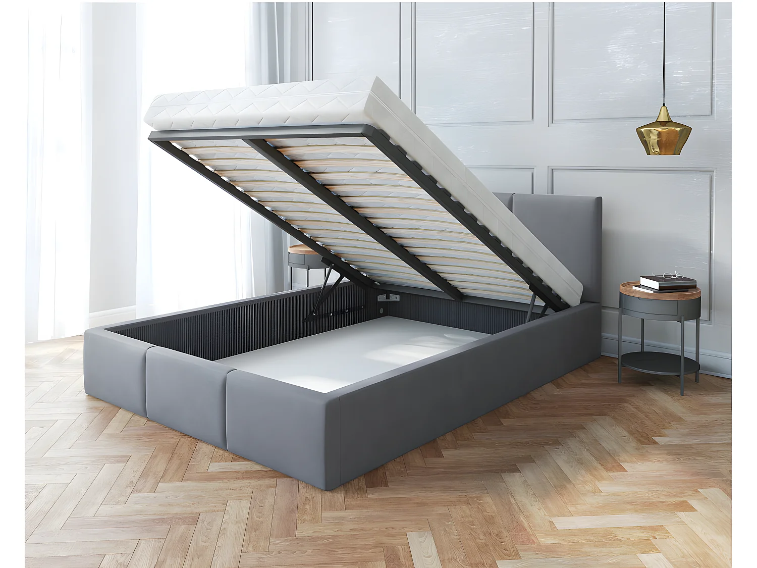 Lit Double Tesia 160x200 + coffre - Sommier inclus Gris foncé