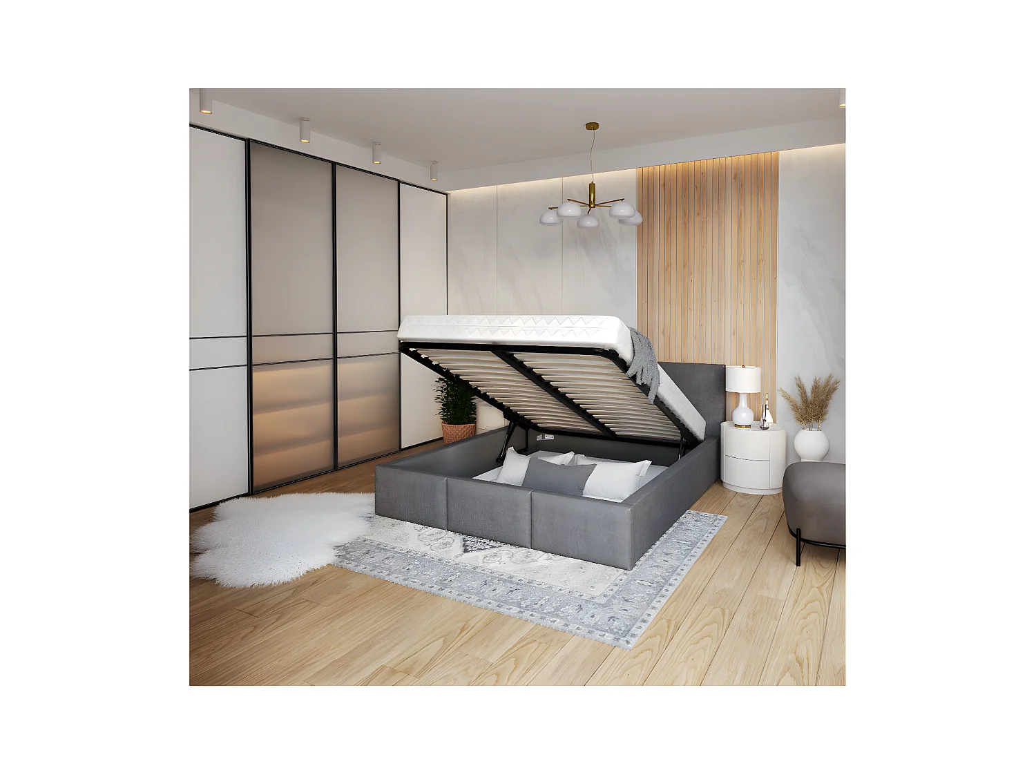 Lit Double Tesia 140x190 + Coffre - Sommier inclus Gris foncé