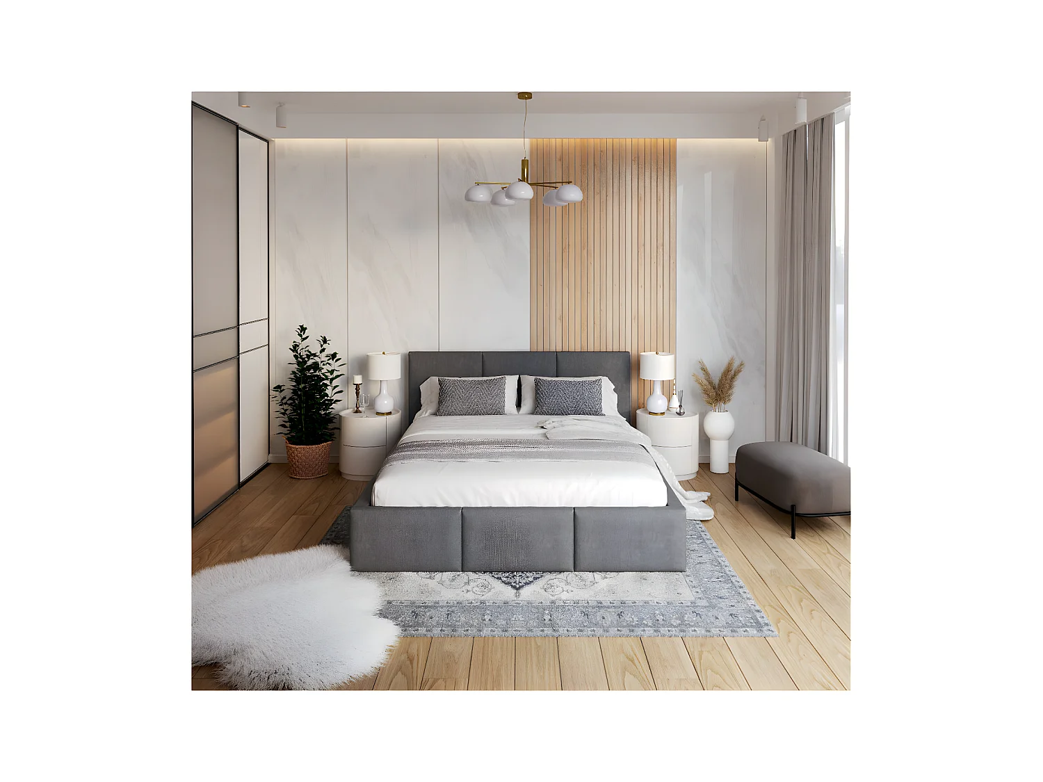 Lit Double Tesia 140x190 + Coffre - Sommier inclus Gris foncé