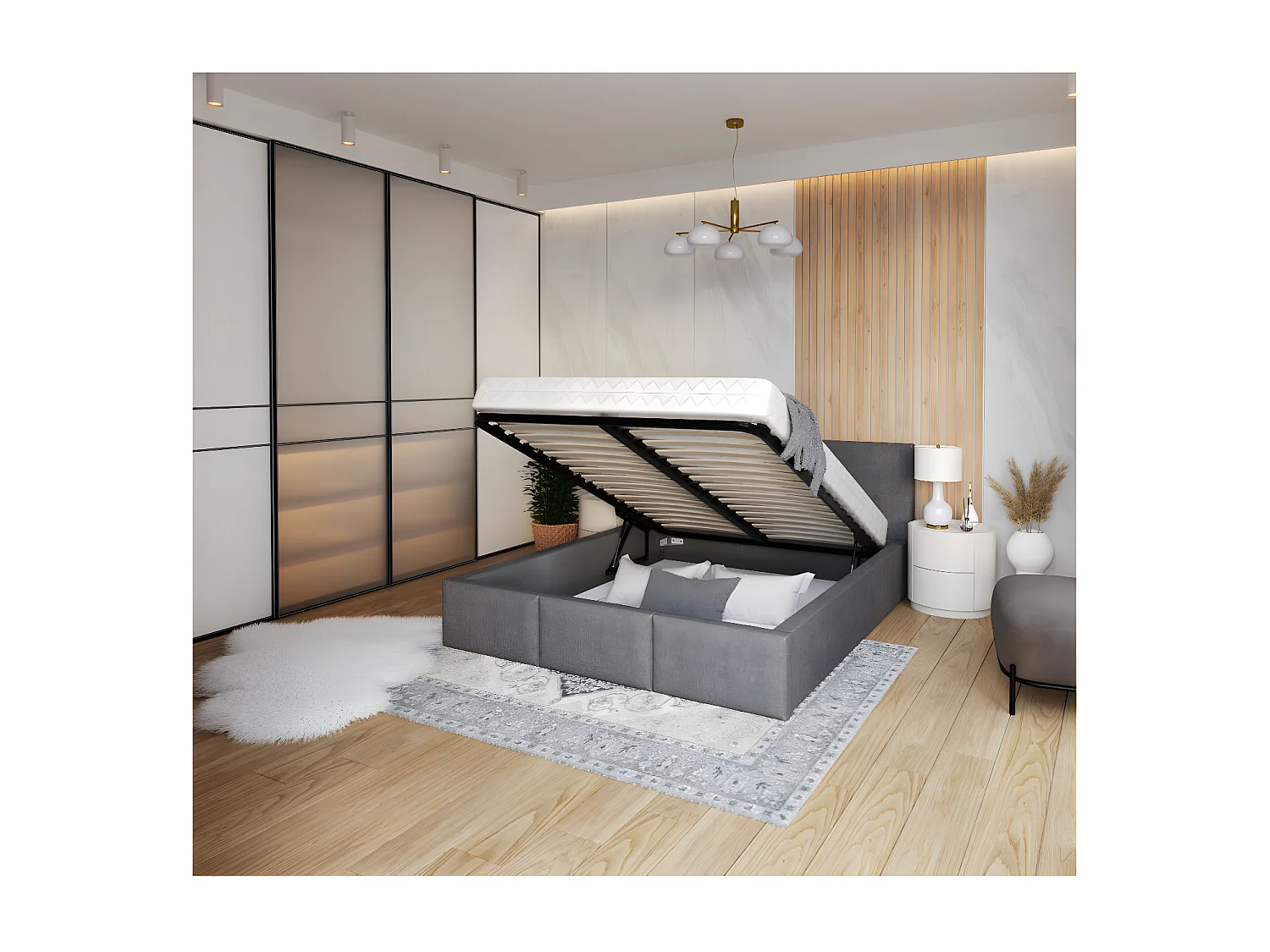 Lit Double Tesia 140x190 + Coffre - Sommier inclus Gris foncé