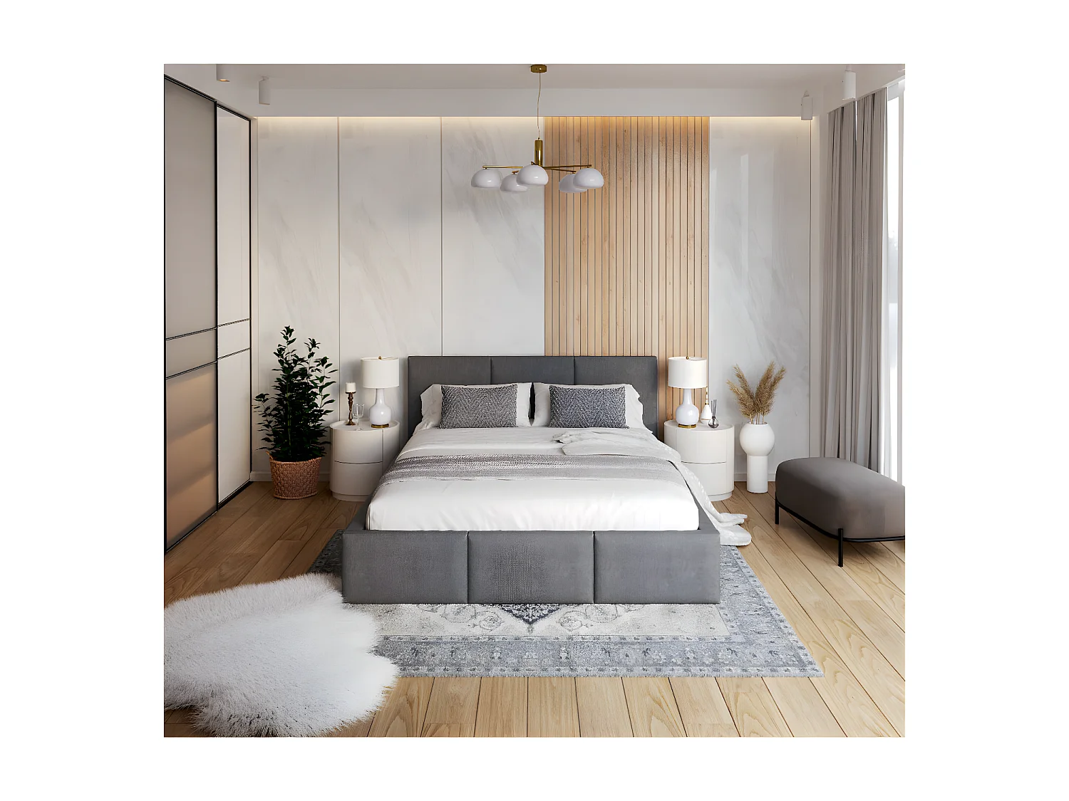 Lit Double Tesia 140x190 + Coffre - Sommier inclus Gris foncé