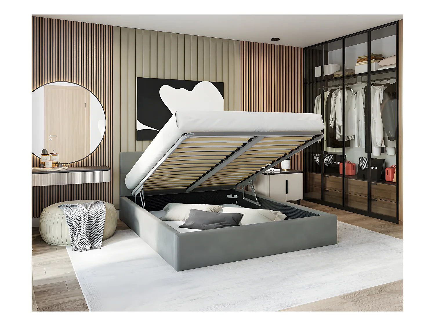 Lit Coffre Rino 140x190 cm - Sommier inclus Gris foncé