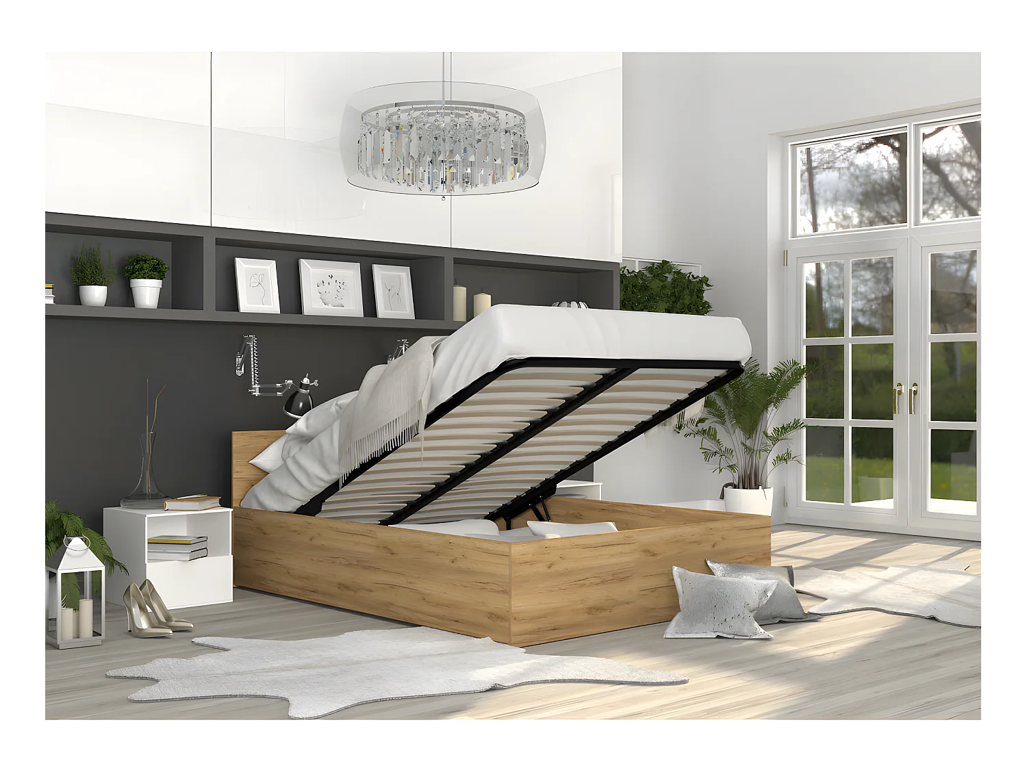 Lit Panama 160x200 + coffre - Sommier inclus Chêne