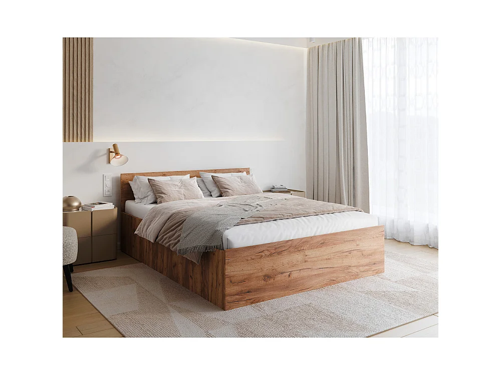Lit coffre 140 x 190 cm Panama - Coffre de 740 L - Sommier inclus - Chêne