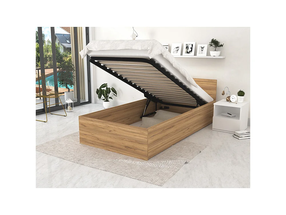 Lit coffre 90 x 190 cm Panama - Coffre de 470 Litres - Sommier inclus - Chêne