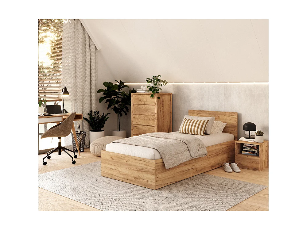 Lit coffre 90 x 190 cm Panama - Coffre de 470 Litres - Sommier inclus - Chêne