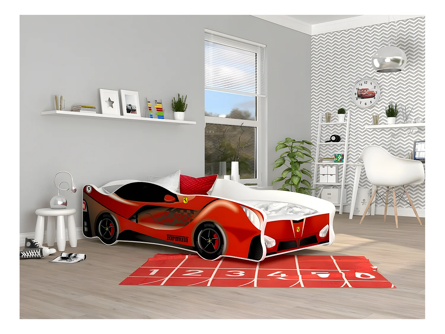 Lit Enfant Voiture 80x160 Ferrari Thème Livré avec sommiers et matelas en mousse de 7cm