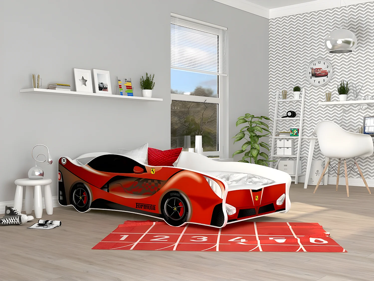 Lit Enfant Voiture 80x160 Ferrari Thème Livré avec sommiers et matelas en mousse de 7cm