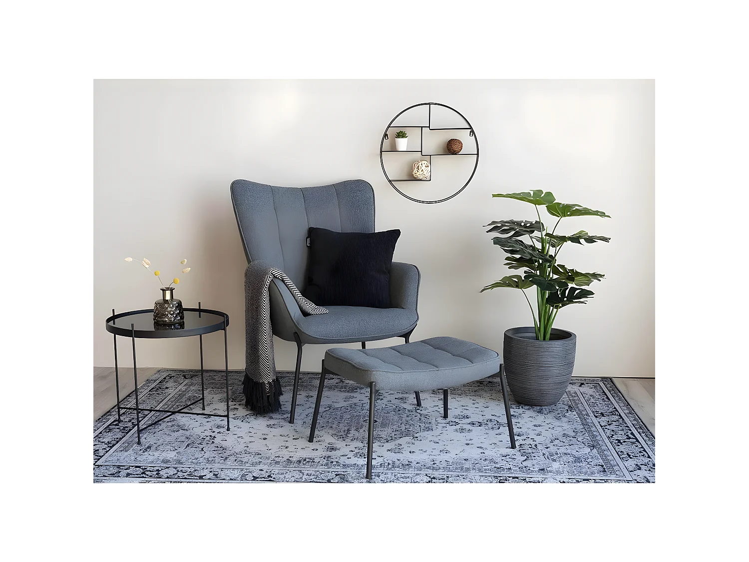 COLABA - Tapis Blanc 160x230cm avec Motifs Noir